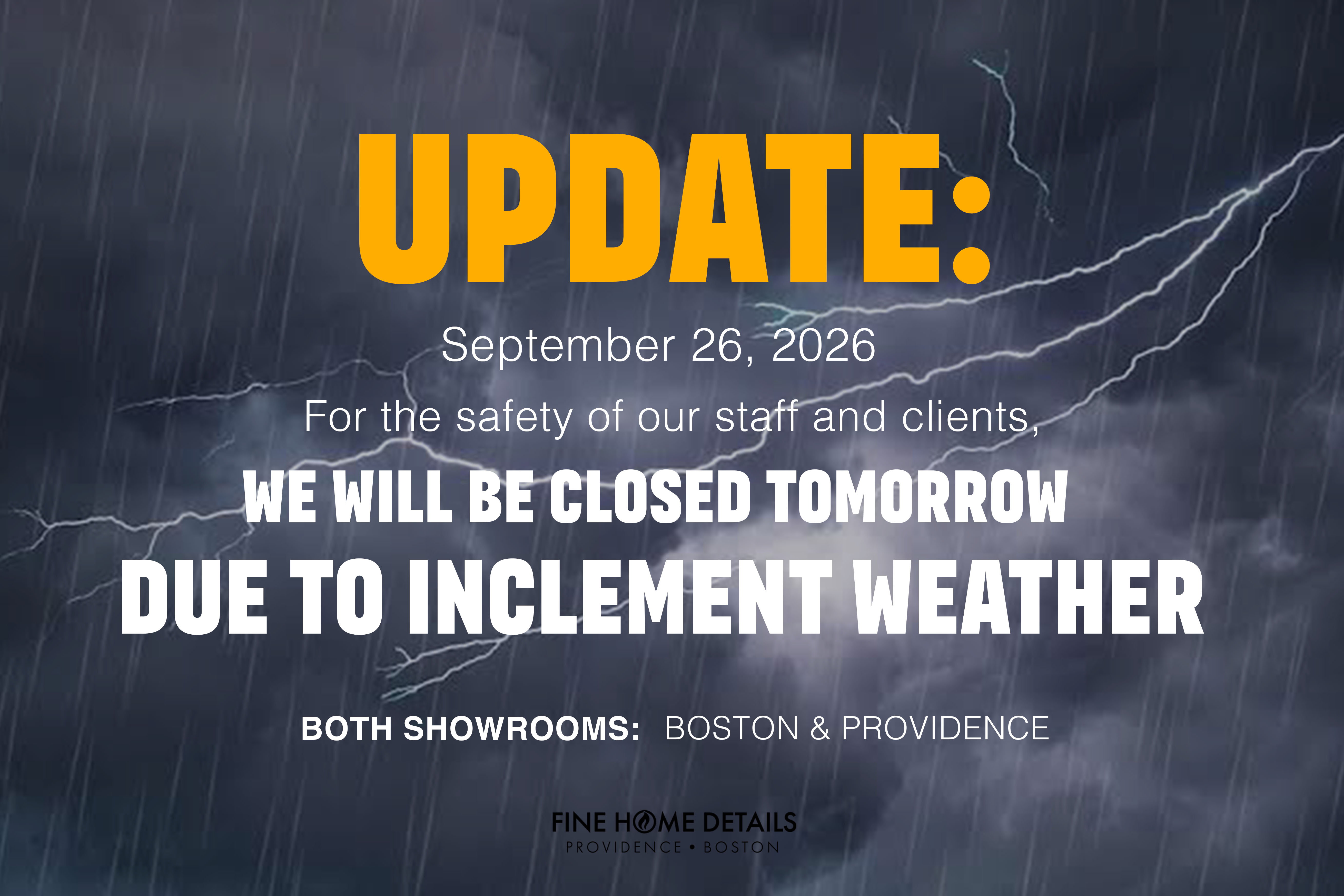 Closed on September 26, 2026 due to Inclement Weather Closed on September 26, 2026 due to Inclement Weather